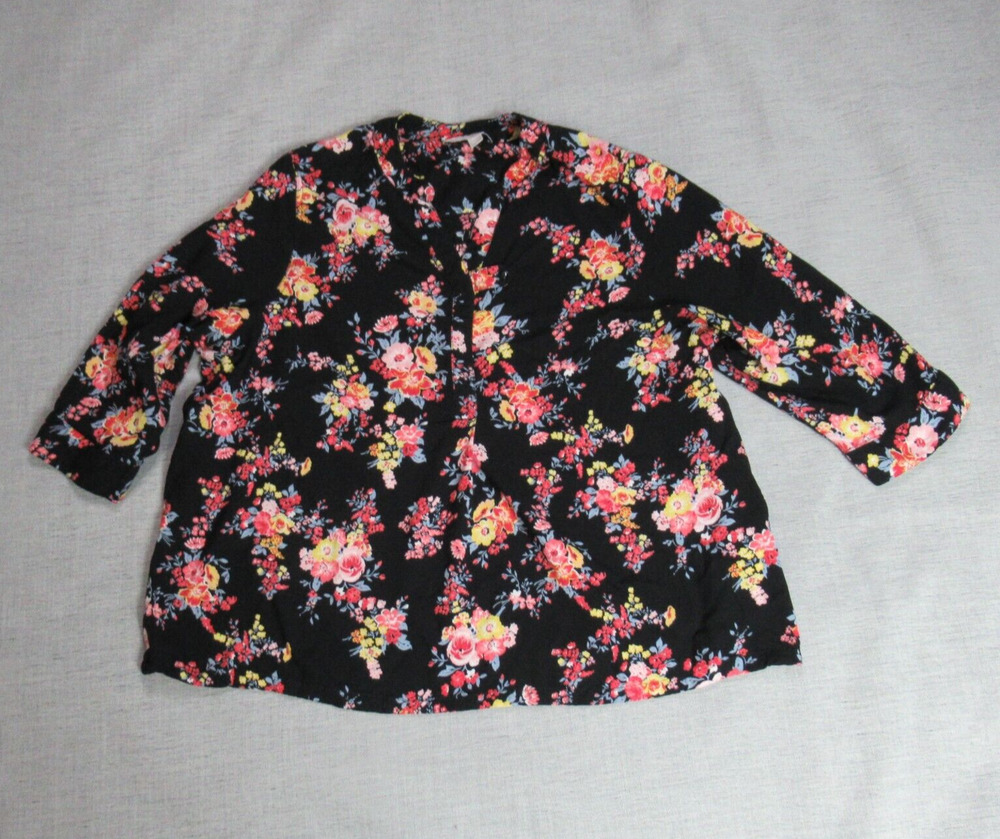 Woman Within Top Womens 18/20 Black Floral V Neck Casual Country Blouse Momcore